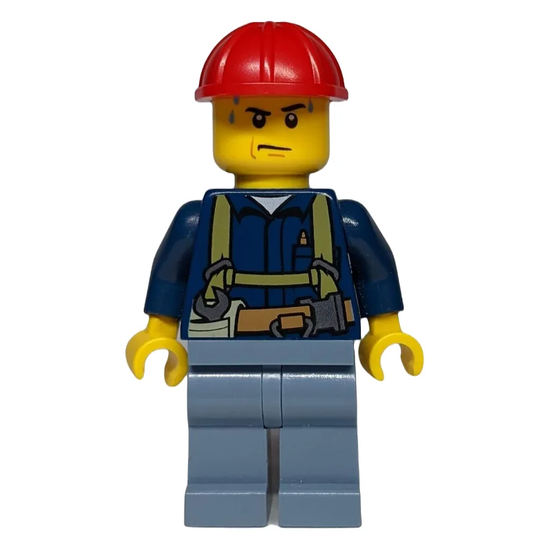 Construction Worker, Dark Blue Shirt with Harness, Red Hard Hat, Sweat Drops