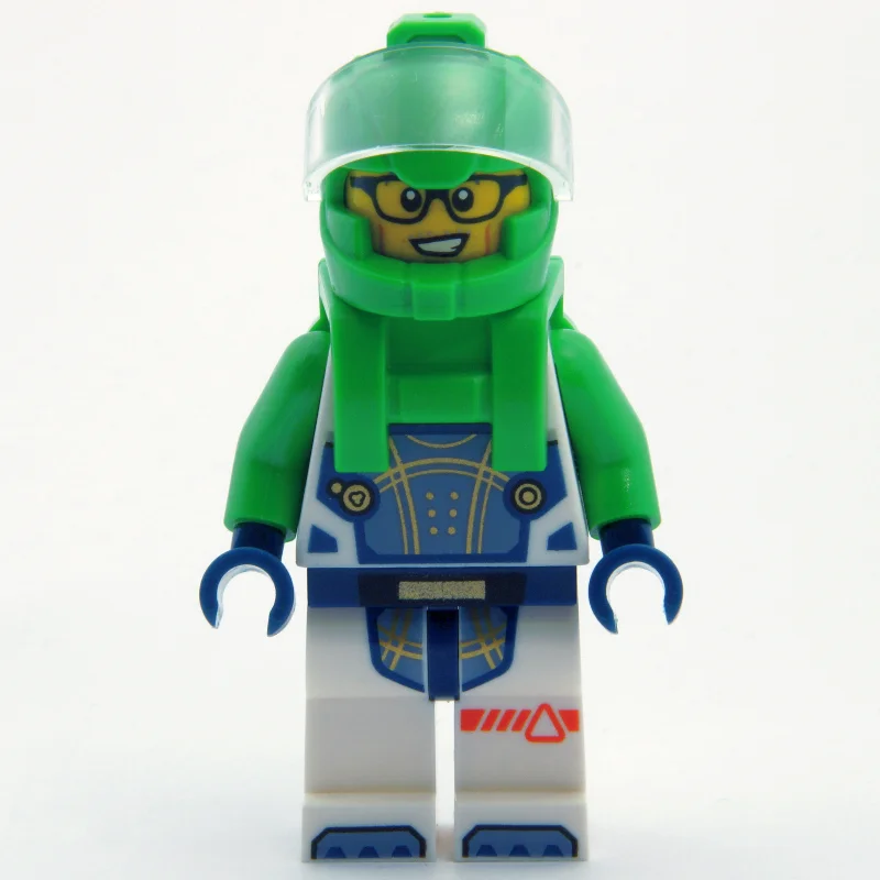 Astronaut, White Spacesuit, Bright Green Backpack and Helmet, Glasses