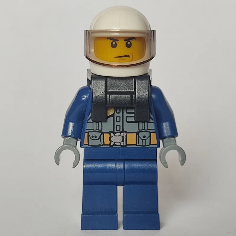 Policeman, Dark Bluish Gray Vest with Radio and Badge over Dark Blue Shirt, White Helmet with Visor, Neck Bracket