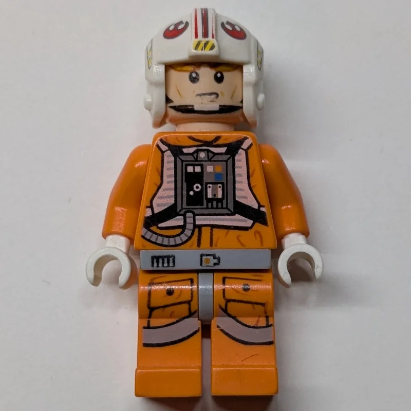Luke Skywalker, Orange Rebel Pilot Outfit, Light Bluish Gray Hips, White Hands, Visor on Both Sides of Head