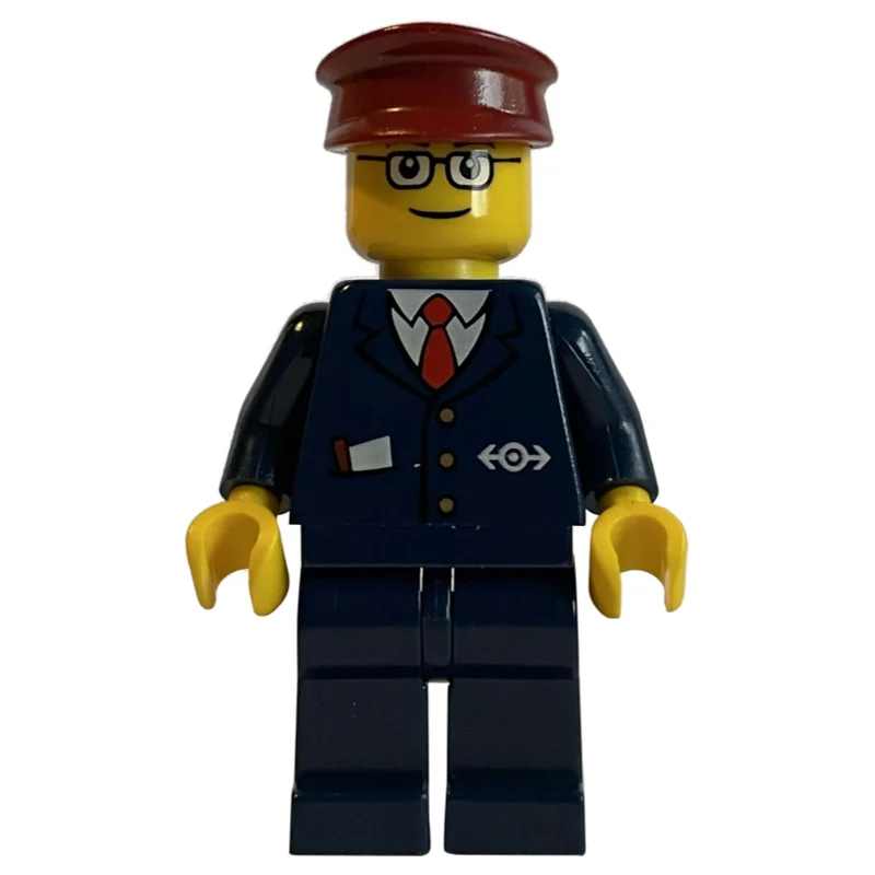 Train Conductor - Dark Blue Jacket, Dark Blue Legs, Dark Red Hat, Glasses (3626b head)