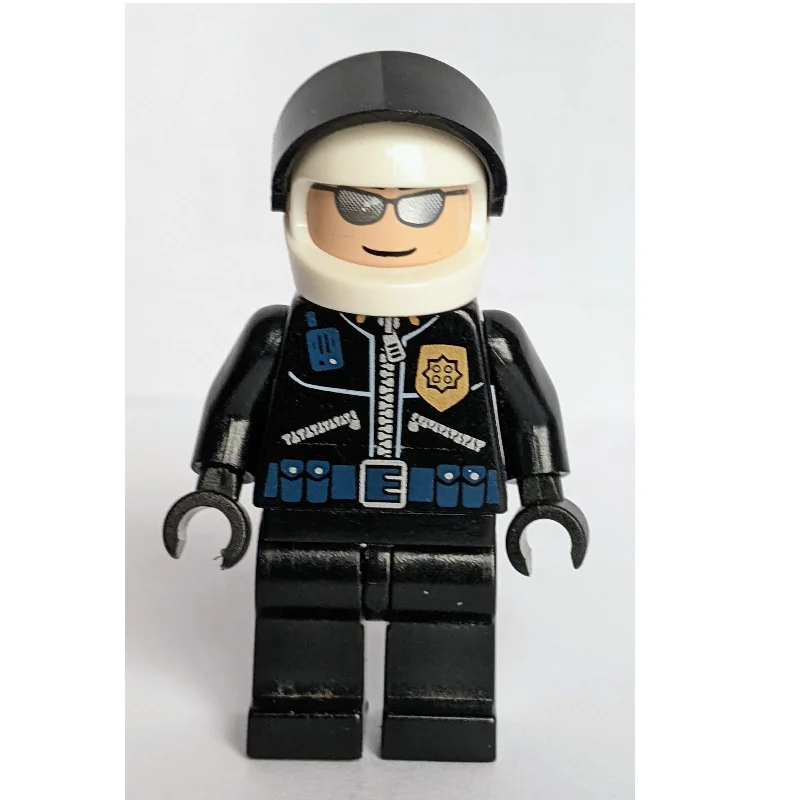 Policeman with Zipped Jacket with Gold Badge, and White Helmet with Black Visor
