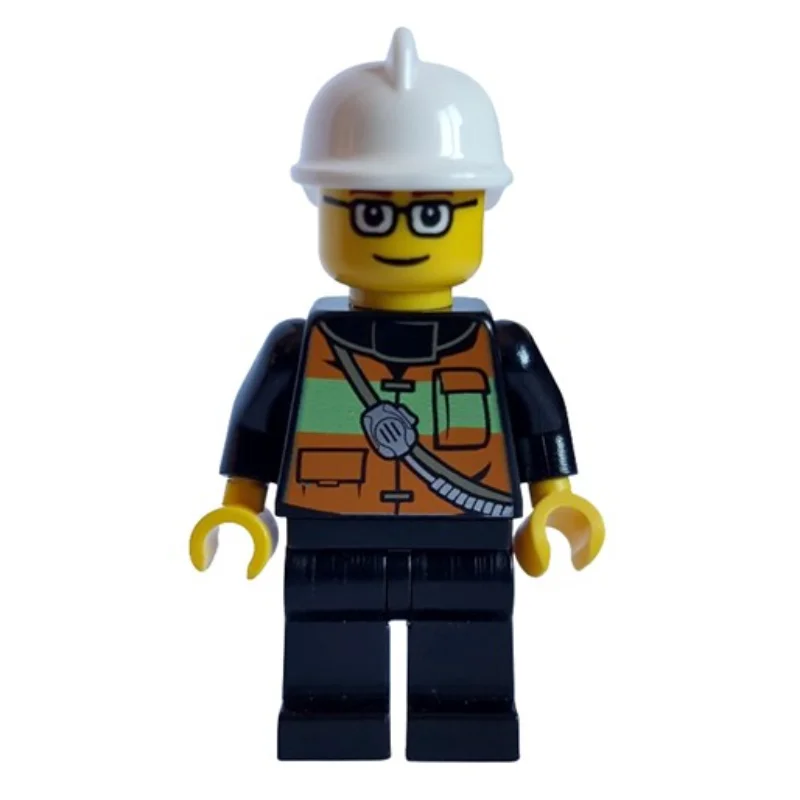 Fireman with Reflective Stripe Vest with Pockets and Radio on Shoulder Strap, White Helmet, and Glasses