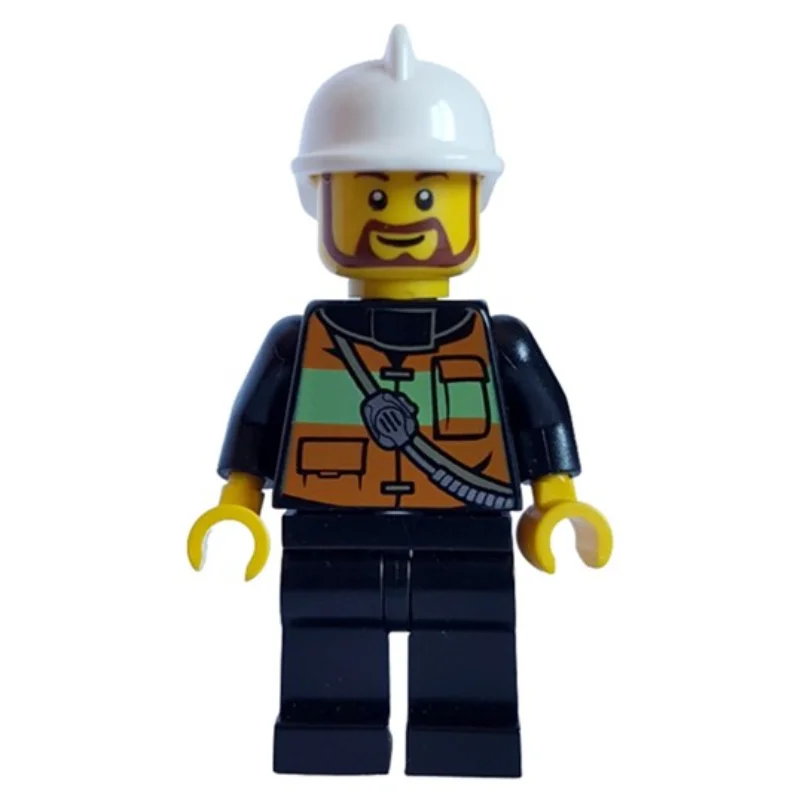 Fireman with Reflective Stripe Vest with Pockets and Radio on Shoulder Strap, White Fire Helmet, and Beard