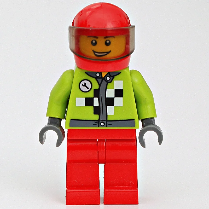 Racer with Lime Jacket with Black and White Checks, Red Helmet with Trans-Brown Visor