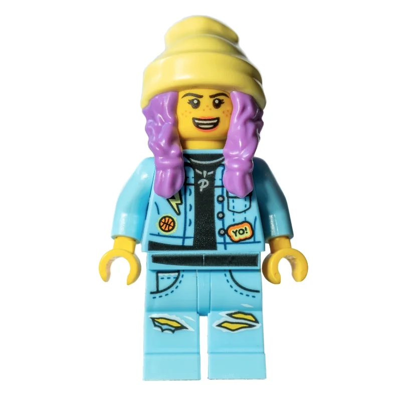 Parker L. Jackson, Bright Light Blue Denim Jacket, Bright Light Yellow Beanie Hat, Medium Lavender Hair, Scared / Open Mouth