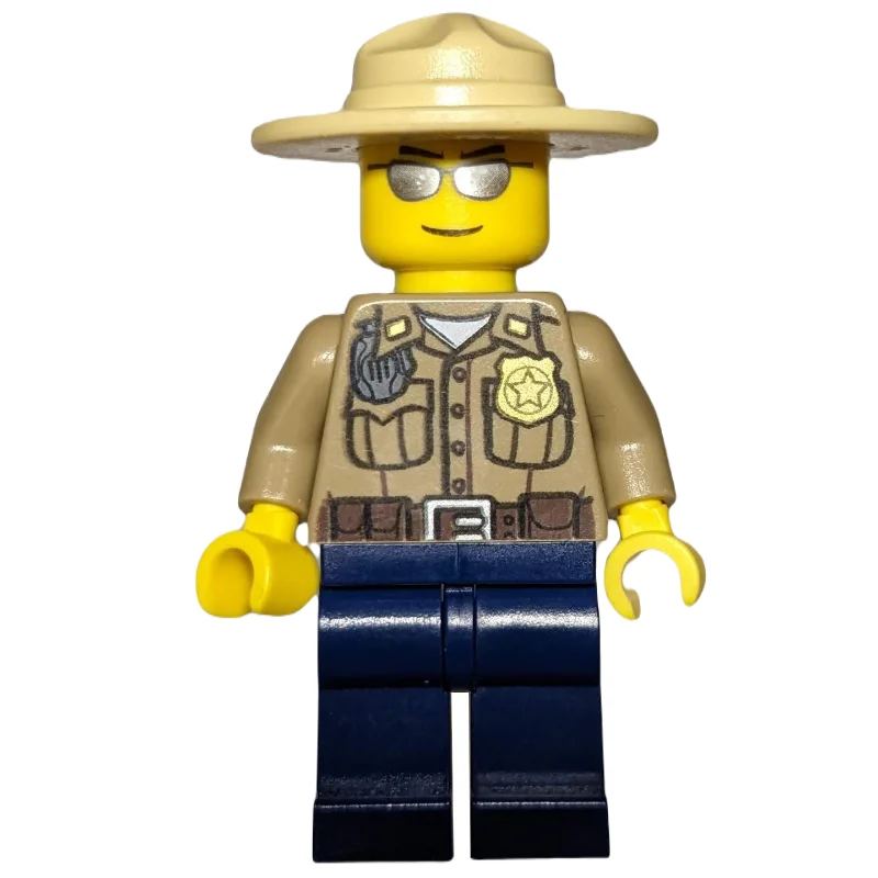 Forest Police / Ranger, Dark Tan Shirt with Radio and Badge, Dark Blue Legs, Tan Campaign Hat, Silver Sunglasses