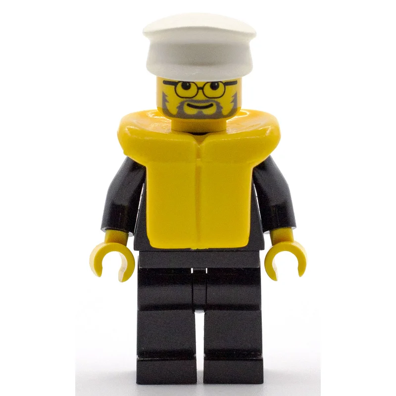 Policeman, Black Suit with Badge, White Hat, Life Vest, Glasses