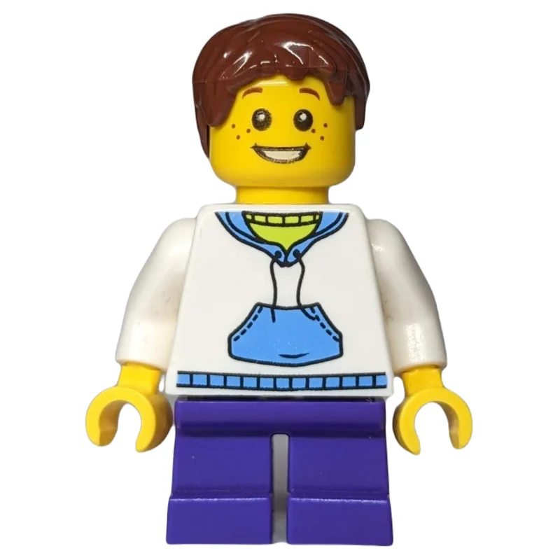 Boy, White and Blue Hoodie, Short Dark Purple Legs, Reddish Brown Hair