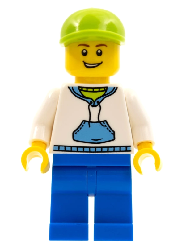 Man, White and Blue Hoodie, Blue Legs, Lime Cap
