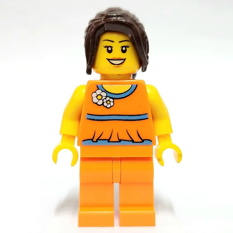 Woman, Orange Outfit with Flowers, Dark Brown Ponytail