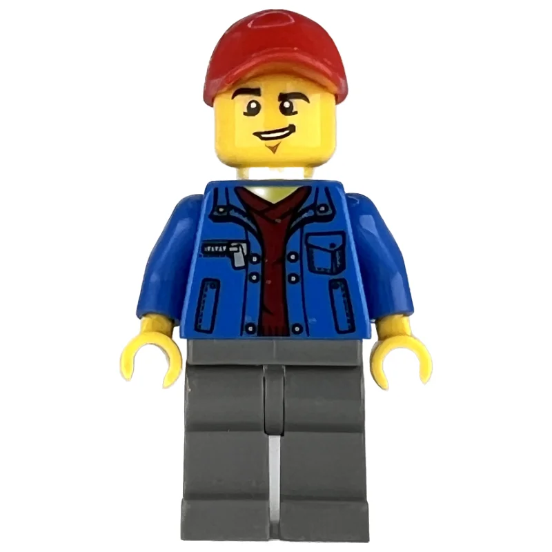 Man, Open Blue Jacket over Dark Red Shirt, Dark Bluish Gray Legs, Red Cap