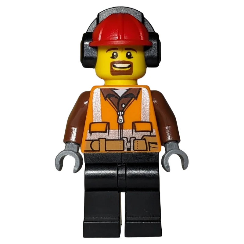 Man, Safety Vest with Belt, Black Legs, Red Hard Hat with Ear Defenders