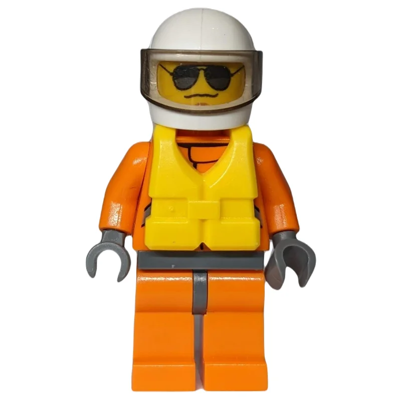 Coast Guard, Orange Jumpsuit, White Helmet with Visor, Yellow Life Vest, Sunglasses