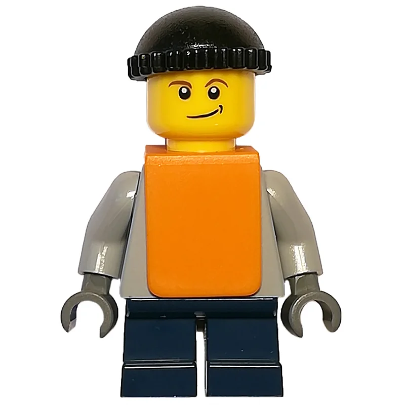 Boy, Plain Light Bluish Gray Torso, Short Dark Blue Legs, Black Hat, Orange Vest