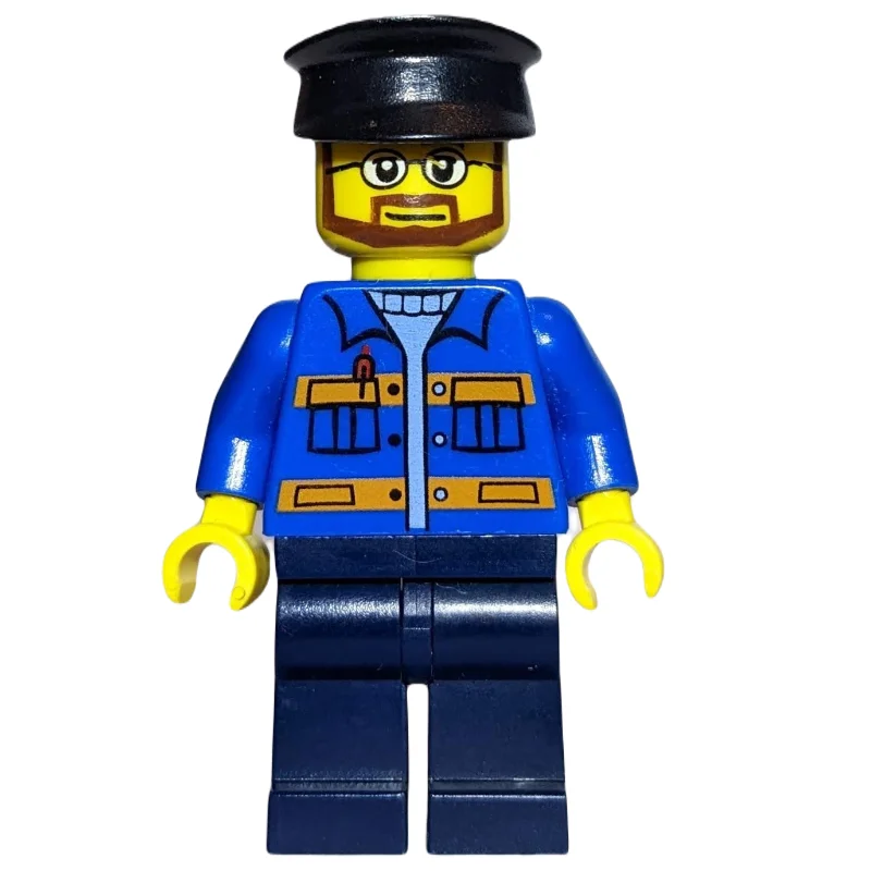 Man, Blue Jacket with Orange Stripes, Dark Blue Legs, Black Hat, Glasses and Beard