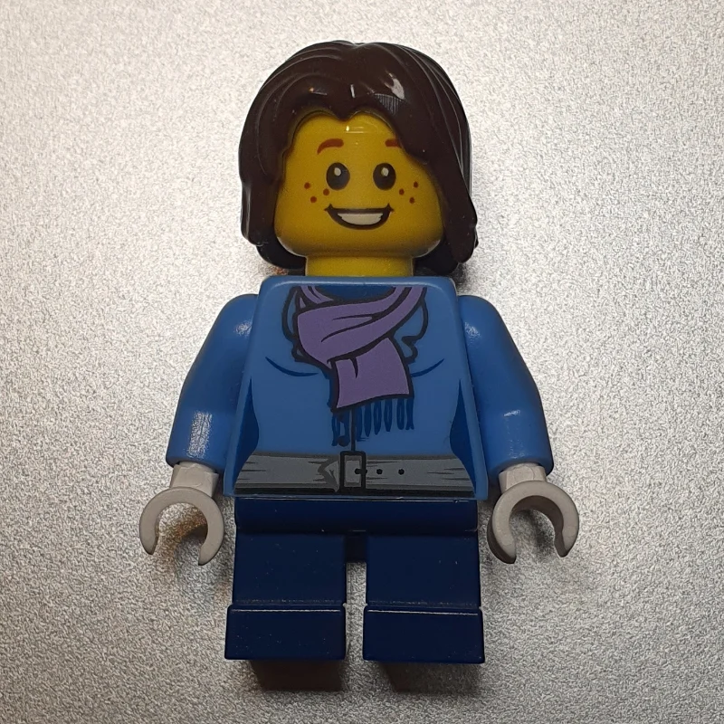 Girl, Medium Blue Jacket with Medium Lavender Scarf, Short Dark Blue Legs, Dark Brown Hair