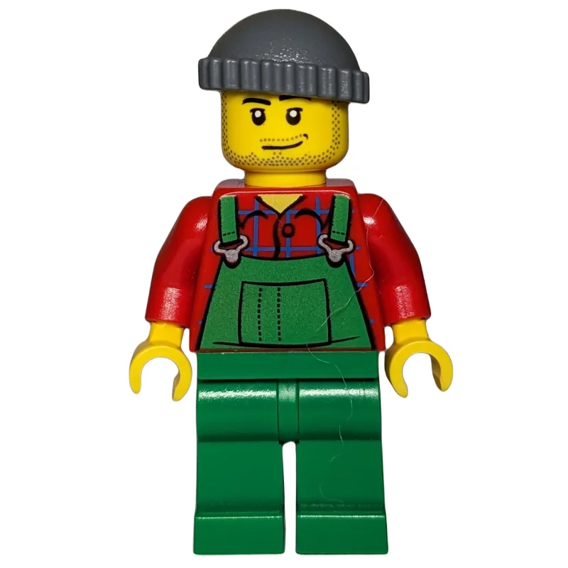 Man, Green Overalls over Red Shirt, Dark Bluish Gray Hat, Stubble