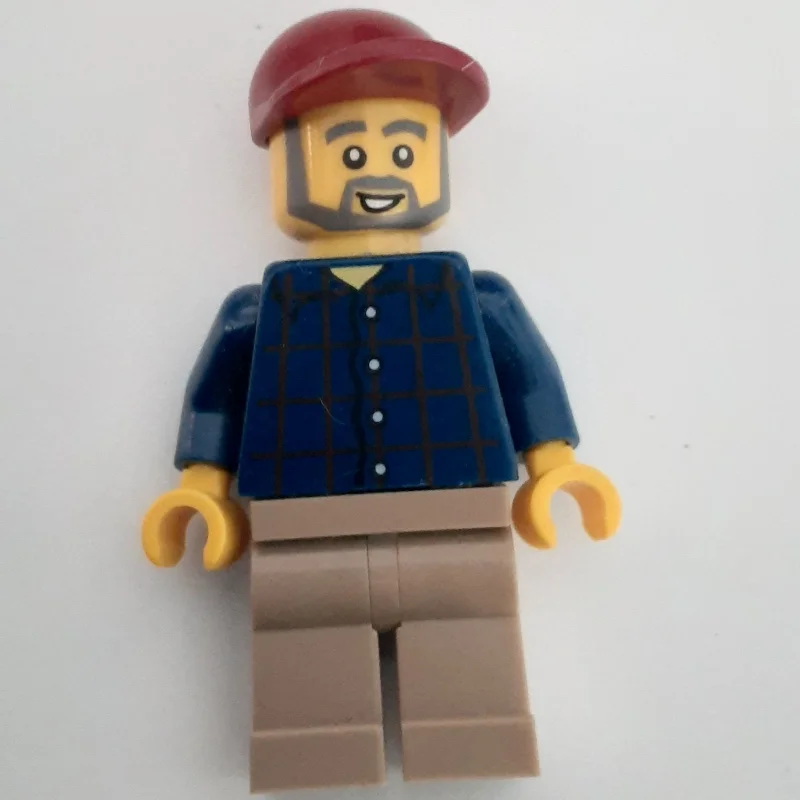 Man, Dark Blue Plaid Shirt, Tan Legs, Dark Red Cap, Beard