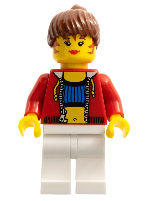 Woman, Open Red Hoodie over Crop Top with LEGO Logo on Back, White Legs