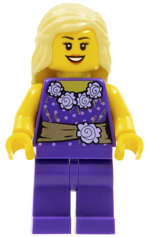 Woman, Dark Purple Outfit with Blouse, Flowers and Gold Sash, Bright Light Yellow Hair