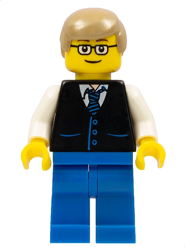 Man, Black Vest, Blue Legs, Dark Tan Hair, Glasses