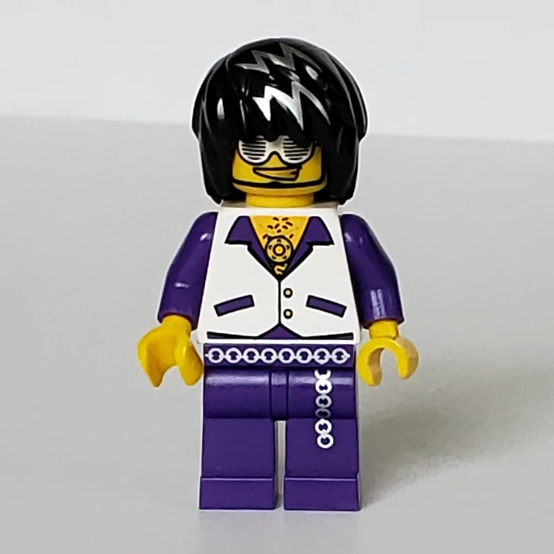 Musician, Man, White Vest over Dark Purple Shirt, Black Hair with Silver Streaks, Glasses