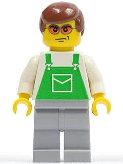 Man, Green Overalls over White Shirt, Reddish Brown Hair, Orange Sunglasses
