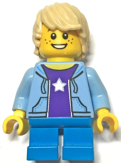 Boy, Open Bright Light Blue Hoodie over Dark Purple Shirt with Star, Short Blue Legs, Tan Hair