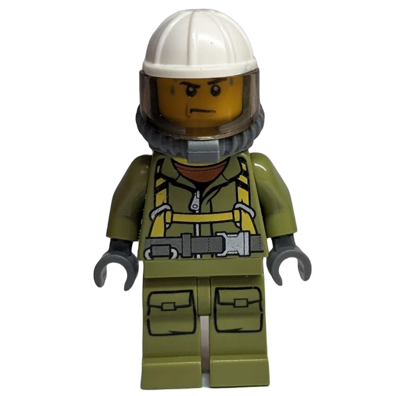 Volcano Explorer, Man, Olive Green Jumpsuit with Straps, White Hard Hat with Visor, Breathing Apparatus