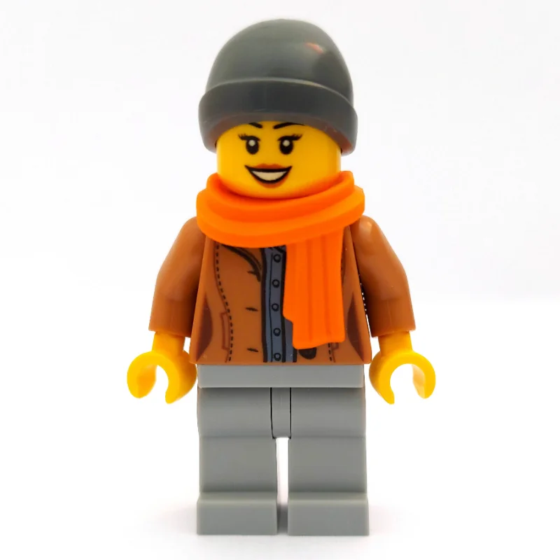 Woman, Open Medium Nougat Jacket, Light Bluish Gray Legs, Dark Bluish Gray Beanie Hat, Orange Scarf