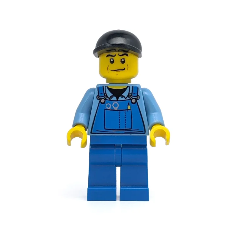 Man, Blue Overalls over Shirt, Blue Legs, Black Cap