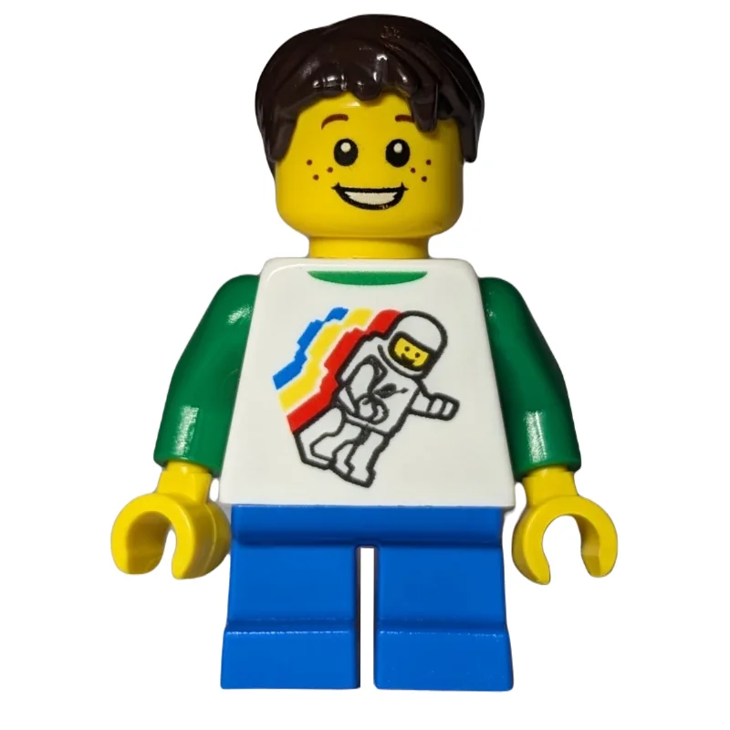Kid - White Torso, Classic Space Figure, Dark Azure Legs, Dark Brown Hair