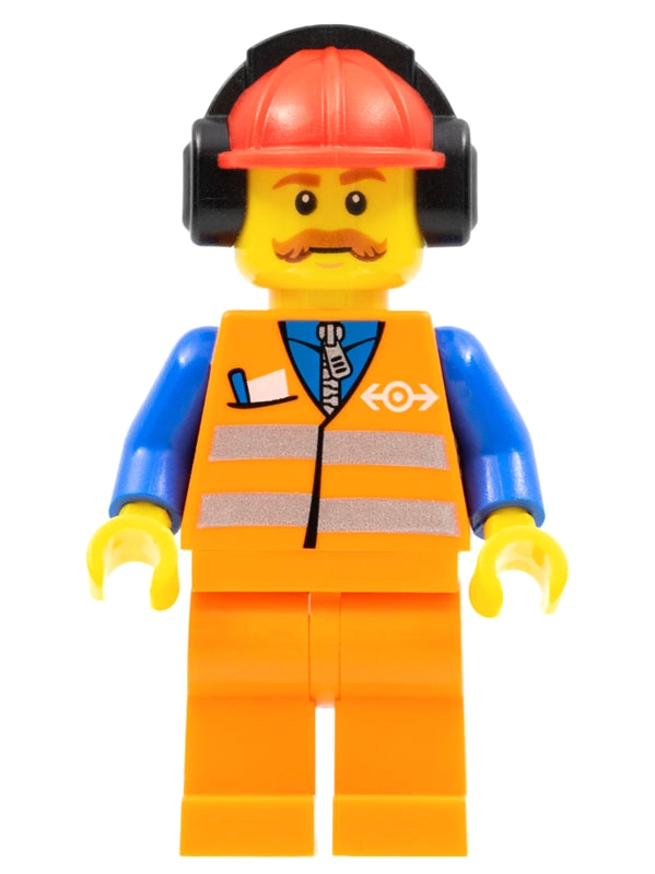Train Worker, Orange Safety Vest with Train Logo, Orange Legs, Red Hard Hat with Ear Defenders, Moustache