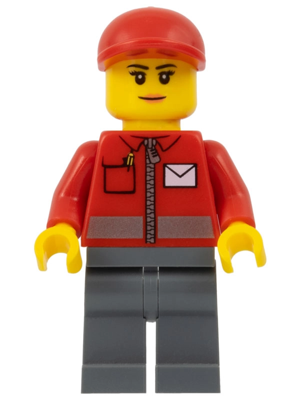 Postal Worker, Woman, Red Jacket with Zipper and Letter Logo, Dark Blue Legs, Red Cap