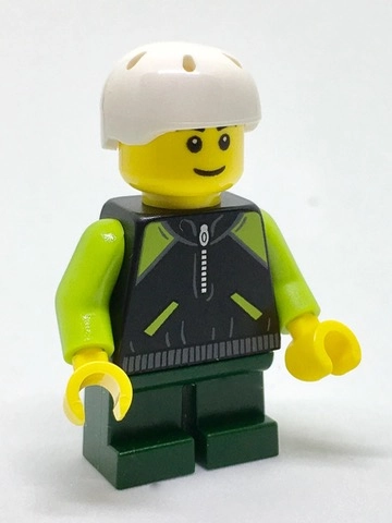 Boy, Black and Lime Jacket with Zipper, Short Dark Green Legs, White Helmet