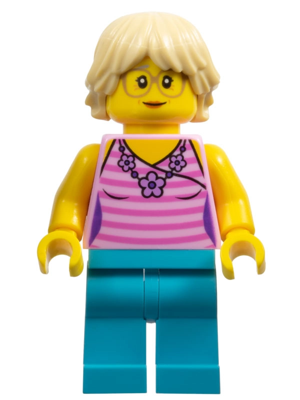 Woman, Dark Pink Striped Top with Flower Necklace, Medium Azure, Tan Hair, Glasses