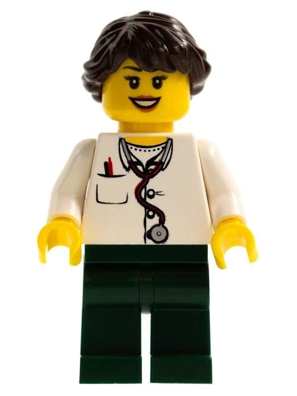 Doctor, Woman, White Torso with Stethoscope and Pocket, Dark Green Legs, Dark Brown Hair