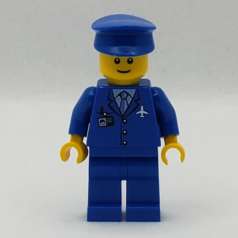 Pilot, Blue Jacket with Plane Logo and Blue Tie, Blue Legs, Blue Hat, Smile, Reddish Brown Eyebrows