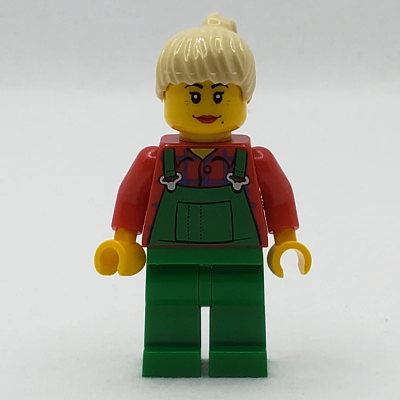 Woman, Green Overalls over Red Plaid Shirt, Tan Ponytail