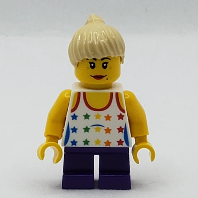 Girl, Tank Top with Rainbow Colored Stars, Short Dark Purple Legs, Tan Hair
