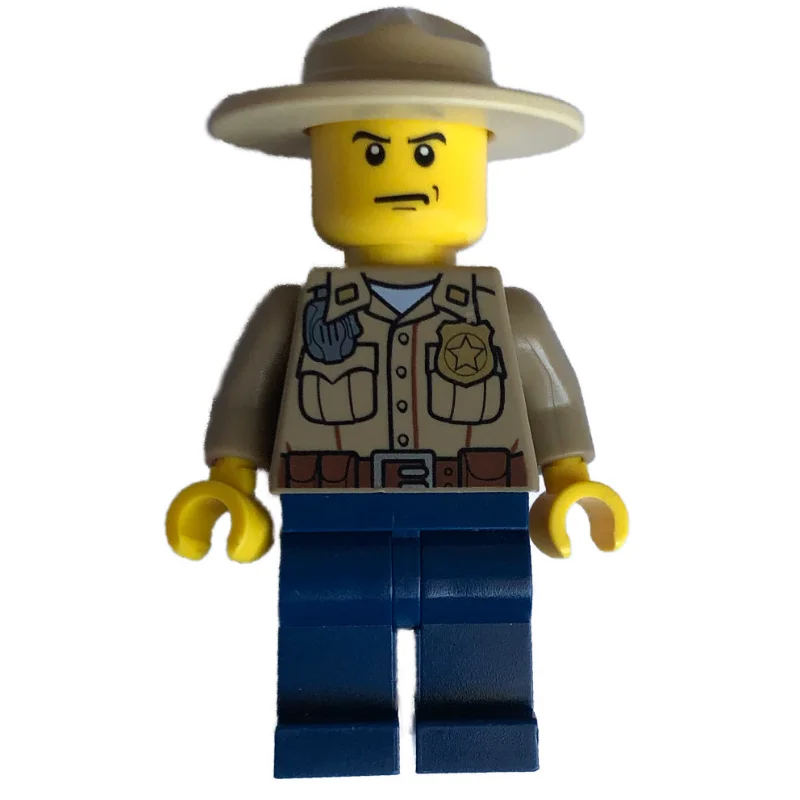 Forest Police / Ranger, Dark Tan Shirt with Radio and Badge, Dark Blue Legs, Tan Campaign Hat, Stern