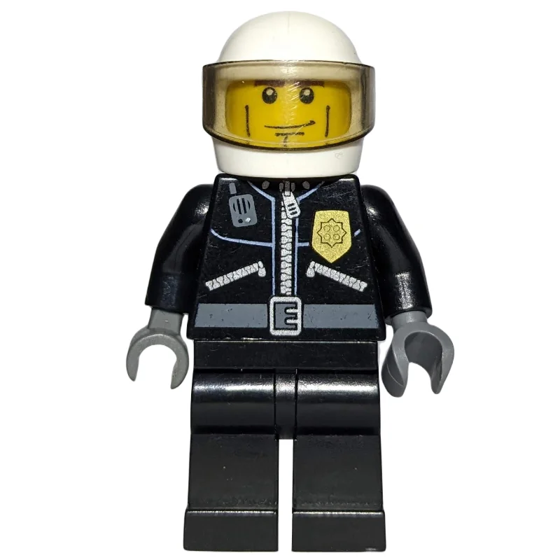 Policeman, Black Jacket with Zipper, Radio, Badge, and 'POLICE' on Back, White Helmet with Visor