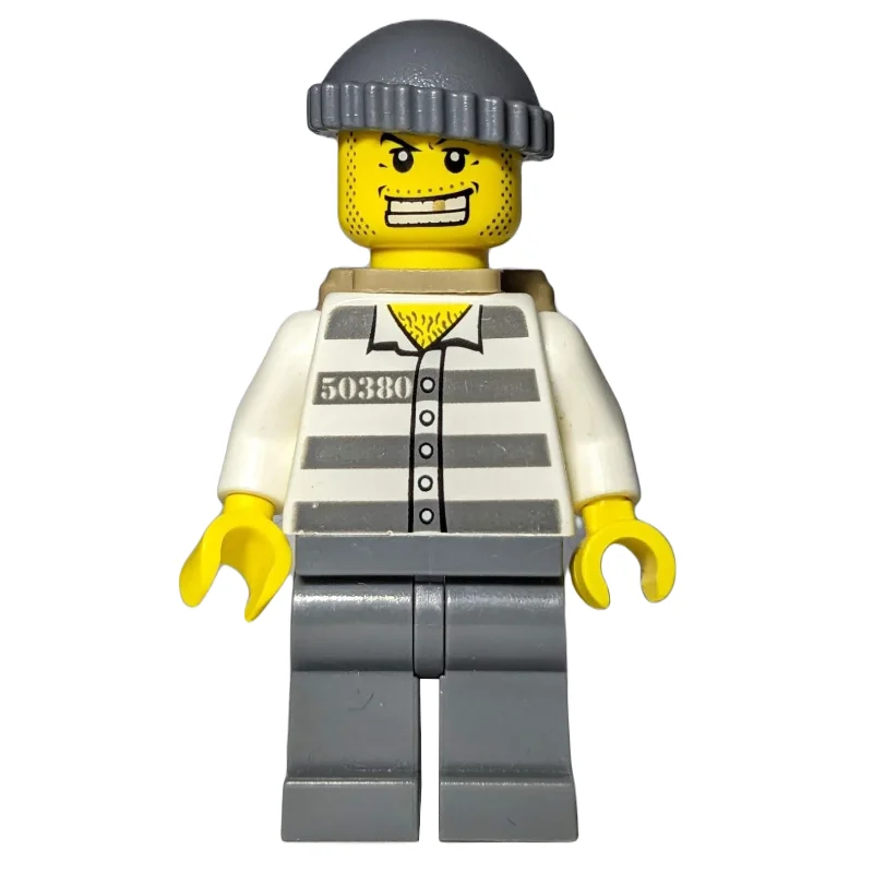 Criminal, Prison Shirt with #50380, Dark Bluish Gray Legs, Dark Bluish Gray Hat, Dark Tan Backpack, Gold Tooth