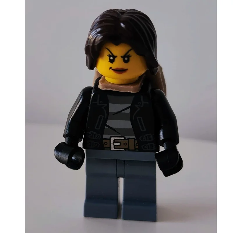 Criminal, Woman, Open Black Jacket over Prison Shirt, Dark Brown Hair, Dark Tan Backpack