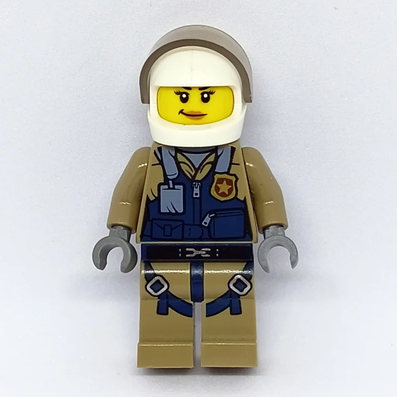 Policewoman, Dark Blue Vest over Dark Tan Jacket with Zipper and Badge, White Helmet with Visor
