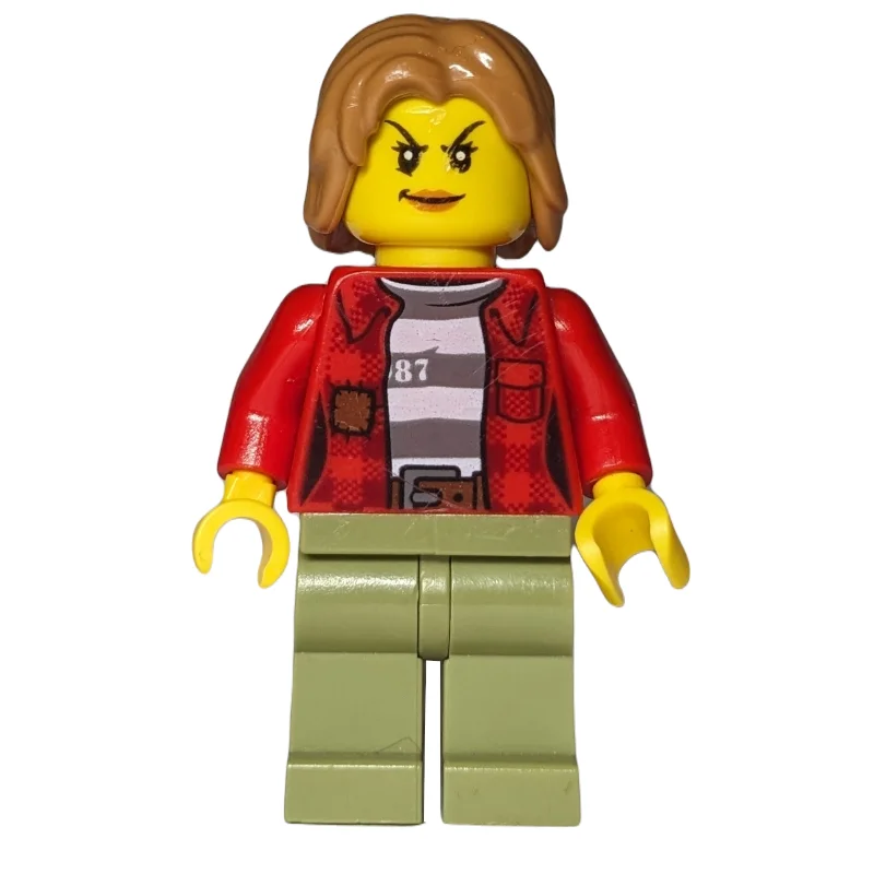 Criminal, Woman, Open Red Flannel Shirt over Prison Shirt, Medium Nougat Hair