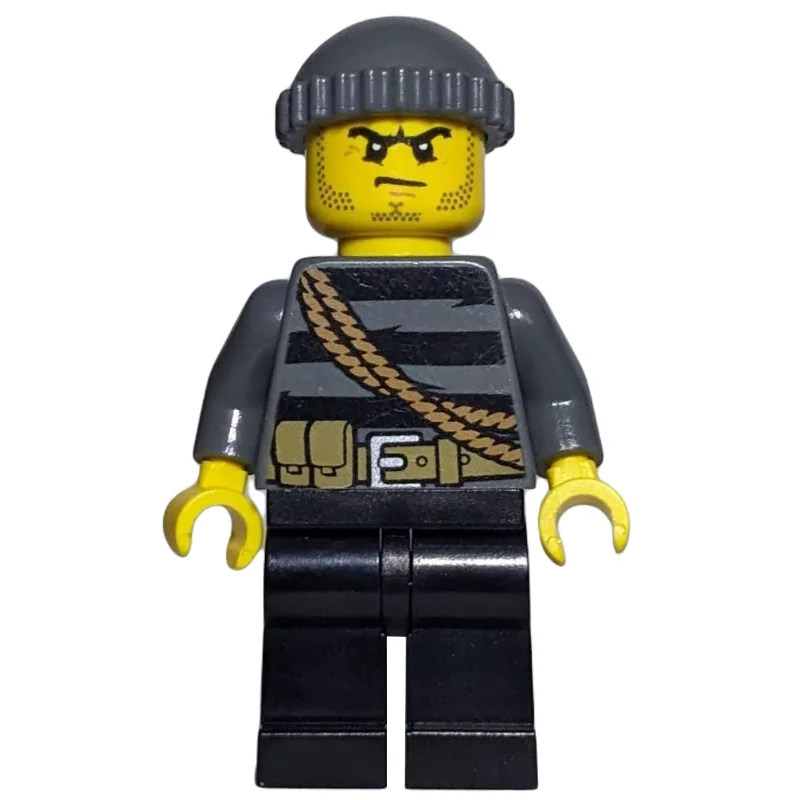 Criminal, Black Striped Top with Rope, Dark Bluish Gray Hat, Stubble