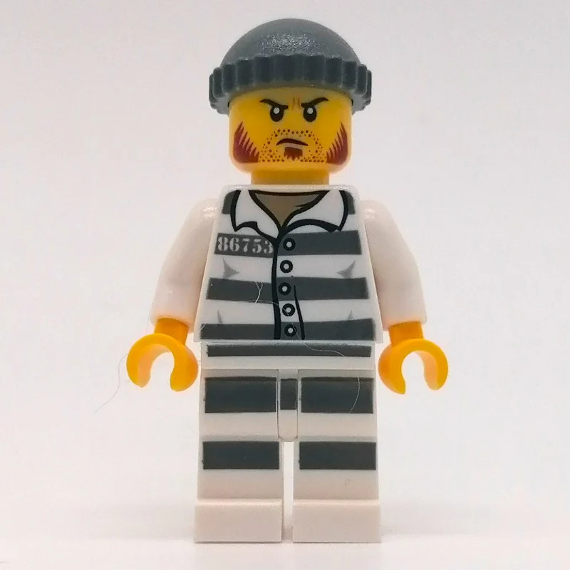 Criminal, Prison Shirt with #86753, Black Legs, Dark Bluish Gray Hat, Stubble and Mutton Chops