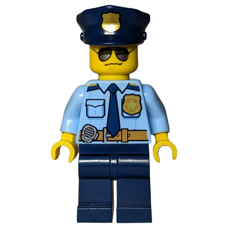 Policeman, Bright Light Blue Shirt with Dark Blue Tie, Badge, and Radio on Belt, Dark Blue Police Hat with Badge, Sunglasses